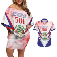 Personalized Belize 501 Couples Matching Off Shoulder Short Dress and Hawaiian Shirt Coat Of Arms