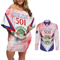 Personalized Belize 501 Couples Matching Off Shoulder Short Dress and Long Sleeve Button Shirt Coat Of Arms