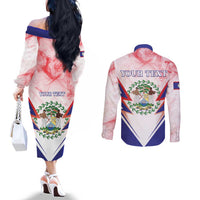 Personalized Belize 501 Couples Matching Off The Shoulder Long Sleeve Dress and Long Sleeve Button Shirt Coat Of Arms