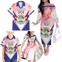 Personalized Belize 501 Family Matching Off The Shoulder Long Sleeve Dress and Hawaiian Shirt Coat Of Arms