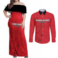 Custom Hong Kong Football Couples Matching Off Shoulder Maxi Dress and Long Sleeve Button Shirt Go Champions - Wonder Print Shop
