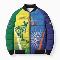 Custom Australia And India Cricket Bomber Puffer Jacket Ashoka Chakra With Aboriginal - Wonder Print Shop