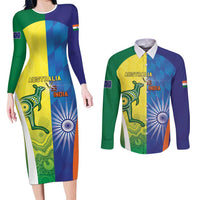 Custom Australia And India Cricket Couples Matching Long Sleeve Bodycon Dress and Long Sleeve Button Shirt Ashoka Chakra With Aboriginal - Wonder Print Shop
