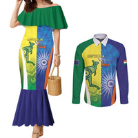 Custom Australia And India Cricket Couples Matching Mermaid Dress and Long Sleeve Button Shirt Ashoka Chakra With Aboriginal - Wonder Print Shop