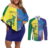 Custom Australia And India Cricket Couples Matching Off Shoulder Short Dress and Long Sleeve Button Shirt Ashoka Chakra With Aboriginal - Wonder Print Shop