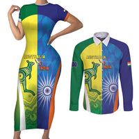 Custom Australia And India Cricket Couples Matching Short Sleeve Bodycon Dress and Long Sleeve Button Shirt Ashoka Chakra With Aboriginal - Wonder Print Shop