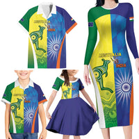 Custom Australia And India Cricket Family Matching Long Sleeve Bodycon Dress and Hawaiian Shirt Ashoka Chakra With Aboriginal - Wonder Print Shop