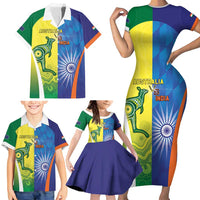 Custom Australia And India Cricket Family Matching Short Sleeve Bodycon Dress and Hawaiian Shirt Ashoka Chakra With Aboriginal - Wonder Print Shop