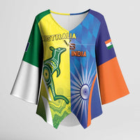 Custom Australia And India Cricket Kimono Sleeve Blouse Ashoka Chakra With Aboriginal - Wonder Print Shop