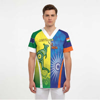 Custom Australia And India Cricket Scrub Top Ashoka Chakra With Aboriginal - Wonder Print Shop