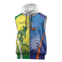 Custom Australia And India Cricket Sleeveless Zip Hoodie Ashoka Chakra With Aboriginal - Wonder Print Shop