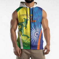 Custom Australia And India Cricket Sleeveless Zip Hoodie Ashoka Chakra With Aboriginal - Wonder Print Shop