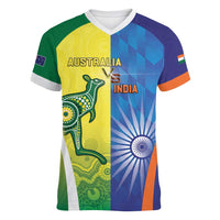 Custom Australia And India Cricket Women V-Neck T-Shirt Ashoka Chakra With Aboriginal - Wonder Print Shop
