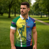 Custom Australia And India Cricket Zipper Polo Shirt Ashoka Chakra With Aboriginal - Wonder Print Shop