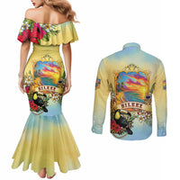 Belize Toucan Couples Matching Mermaid Dress and Long Sleeve Button Shirt Belizean Pride Retro Style