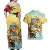 Belize Toucan Couples Matching Off Shoulder Maxi Dress and Hawaiian Shirt Belizean Pride Retro Style