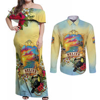 Belize Toucan Couples Matching Off Shoulder Maxi Dress and Long Sleeve Button Shirt Belizean Pride Retro Style