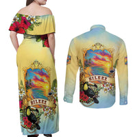 Belize Toucan Couples Matching Off Shoulder Maxi Dress and Long Sleeve Button Shirt Belizean Pride Retro Style