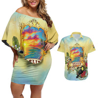 Belize Toucan Couples Matching Off Shoulder Short Dress and Hawaiian Shirt Belizean Pride Retro Style