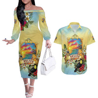 Belize Toucan Couples Matching Off The Shoulder Long Sleeve Dress and Hawaiian Shirt Belizean Pride Retro Style