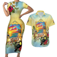 Belize Toucan Couples Matching Short Sleeve Bodycon Dress and Hawaiian Shirt Belizean Pride Retro Style