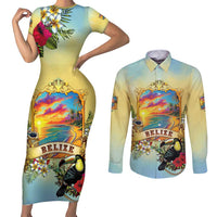 Belize Toucan Couples Matching Short Sleeve Bodycon Dress and Long Sleeve Button Shirt Belizean Pride Retro Style