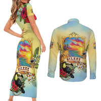 Belize Toucan Couples Matching Short Sleeve Bodycon Dress and Long Sleeve Button Shirt Belizean Pride Retro Style