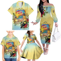 Belize Toucan Family Matching Off The Shoulder Long Sleeve Dress and Hawaiian Shirt Belizean Pride Retro Style