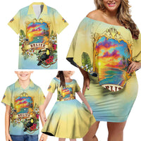 Belize Toucan Family Matching Off Shoulder Short Dress and Hawaiian Shirt Belizean Pride Retro Style