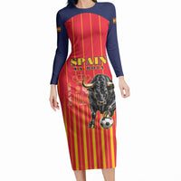 Custom Spain Football 2026 Long Sleeve Bodycon Dress La Roja Brave Bull Striped Style