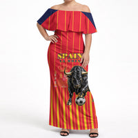 Custom Spain Football 2026 Off Shoulder Maxi Dress La Roja Brave Bull Striped Style