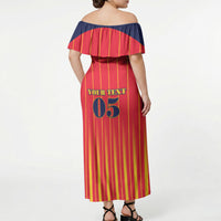 Custom Spain Football 2026 Off Shoulder Maxi Dress La Roja Brave Bull Striped Style