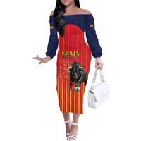 Custom Spain Football 2026 Off The Shoulder Long Sleeve Dress La Roja Brave Bull Striped Style