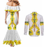 Enkutatash Ethiopia New Year Couples Matching Mermaid Dress and Long Sleeve Button Shirt Tilet Pattern With Adey Abeba Flowers