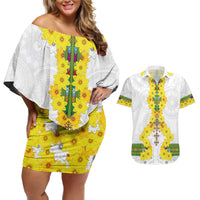 Enkutatash Ethiopia New Year Couples Matching Off Shoulder Short Dress and Hawaiian Shirt Tilet Pattern With Adey Abeba Flowers LT05 - Wonder Print Shop