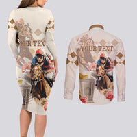 Personalized Kentucky 151st Anniversary Horse Racing Couples Matching Long Sleeve Bodycon Dress and Long Sleeve Button Shirt Mint Julep Beige Version LT05