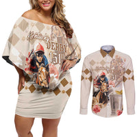 Personalized Kentucky 151st Anniversary Horse Racing Couples Matching Off Shoulder Short Dress and Long Sleeve Button Shirt Mint Julep Beige Version LT05