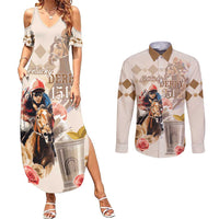 Personalized Kentucky 151st Anniversary Horse Racing Couples Matching Summer Maxi Dress and Long Sleeve Button Shirt Mint Julep Beige Version LT05