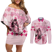 Personalized Kentucky Horse Racing Couples Matching Off Shoulder Short Dress and Long Sleeve Button Shirt 151st Anniversary Mint Julep Pink Version LT05