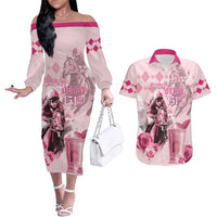 Personalized Kentucky Horse Racing Couples Matching Off The Shoulder Long Sleeve Dress and Hawaiian Shirt 151st Anniversary Mint Julep Pink Version LT05