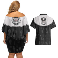 Cowdog Couples Matching Off Shoulder Short Dress and Hawaiian Shirt Cowboy Bulldog Retro Western Yoke - Wonder Print Shop