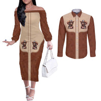 Cowdog Couples Matching Off The Shoulder Long Sleeve Dress and Long Sleeve Button Shirt Cowboy Patriotic Labrador Western Yoke - Wonder Print Shop