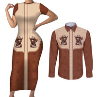 Cowdog Couples Matching Short Sleeve Bodycon Dress and Long Sleeve Button Shirt Cowboy Patriotic Labrador Western Yoke - Wonder Print Shop
