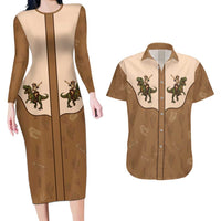 Cowgirl Dinosaur Couples Matching Long Sleeve Bodycon Dress and Hawaiian Shirt Retro Western Yoke - Wonder Print Shop