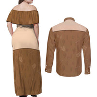 Cowgirl Dinosaur Couples Matching Off Shoulder Maxi Dress and Long Sleeve Button Shirt Retro Western Yoke - Wonder Print Shop