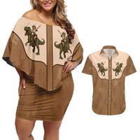 Cowgirl Dinosaur Couples Matching Off Shoulder Short Dress and Hawaiian Shirt Retro Western Yoke - Wonder Print Shop