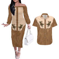 Cowgirl Dinosaur Couples Matching Off The Shoulder Long Sleeve Dress and Hawaiian Shirt Retro Western Yoke - Wonder Print Shop