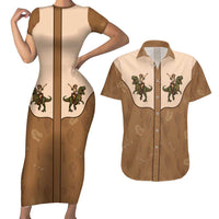 Cowgirl Dinosaur Couples Matching Short Sleeve Bodycon Dress and Hawaiian Shirt Retro Western Yoke - Wonder Print Shop