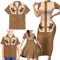 Cowgirl Dinosaur Family Matching Short Sleeve Bodycon Dress and Hawaiian Shirt Retro Western Yoke - Wonder Print Shop