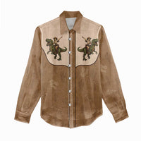 Cowgirl Dinosaur Women Casual Shirt Retro Western Yoke - Wonder Print Shop